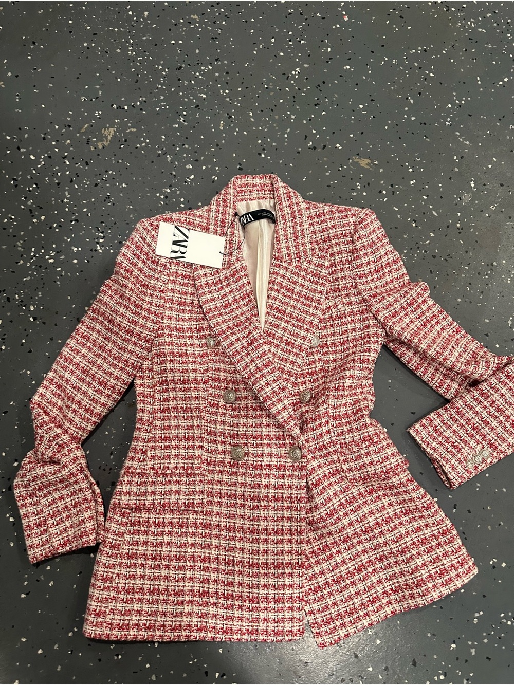 Zara Pink & Cream Tweed Double-Breasted Blazer